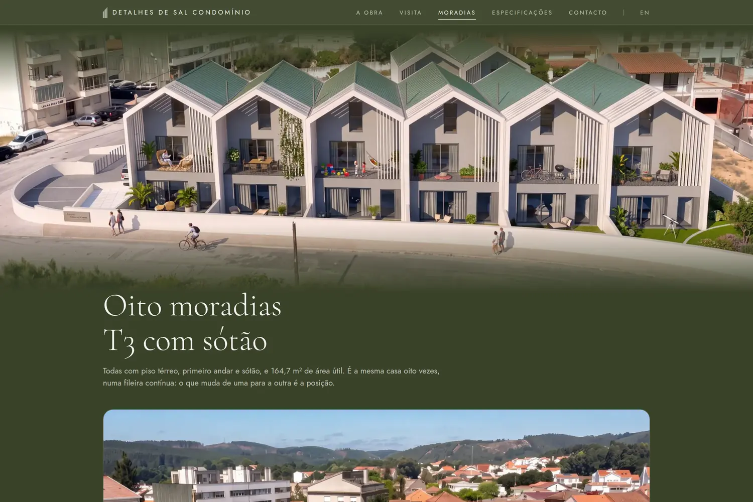 Página das moradias do Detalhes de Sal, com o render das oito casas e a área útil de cada uma.