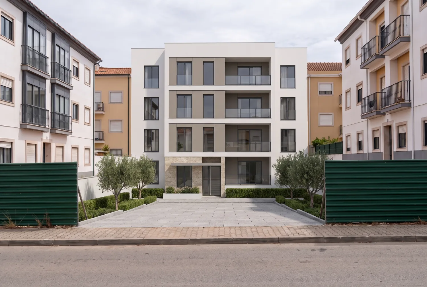 Render 3D do edifício de quatro pisos construído no mesmo lote, visto da mesma posição na rua.